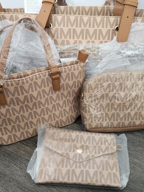 Beige Monogram Shoulder Bag Set with Tan Accents Brand New In Package/with Tags